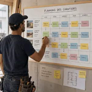 artisan qui gère plusieurs chantiers en parallèle sur un planning