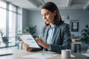 Un entrepreneur moderne travaillant sur son plan d'action business avec un assistant digital.
